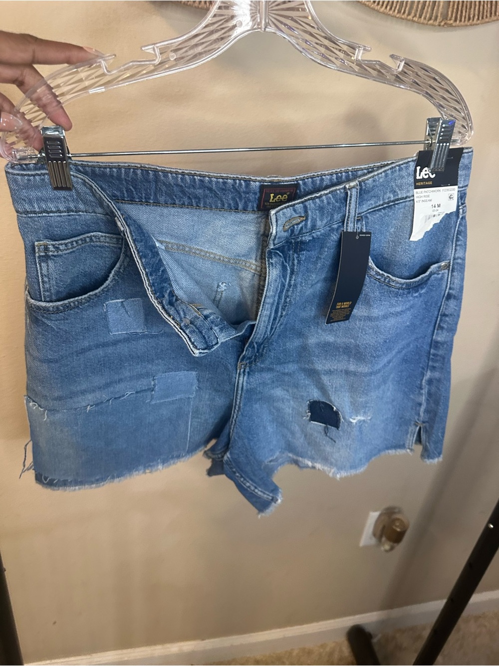 Lee Women’s Medium Blue Distressed Patch Denim Shorts